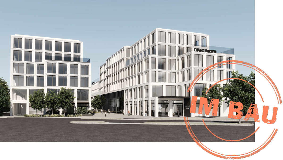 Rendering des Business-Quartiers Go Four It in München-Moosach mit „IM BAU"-Stempel
