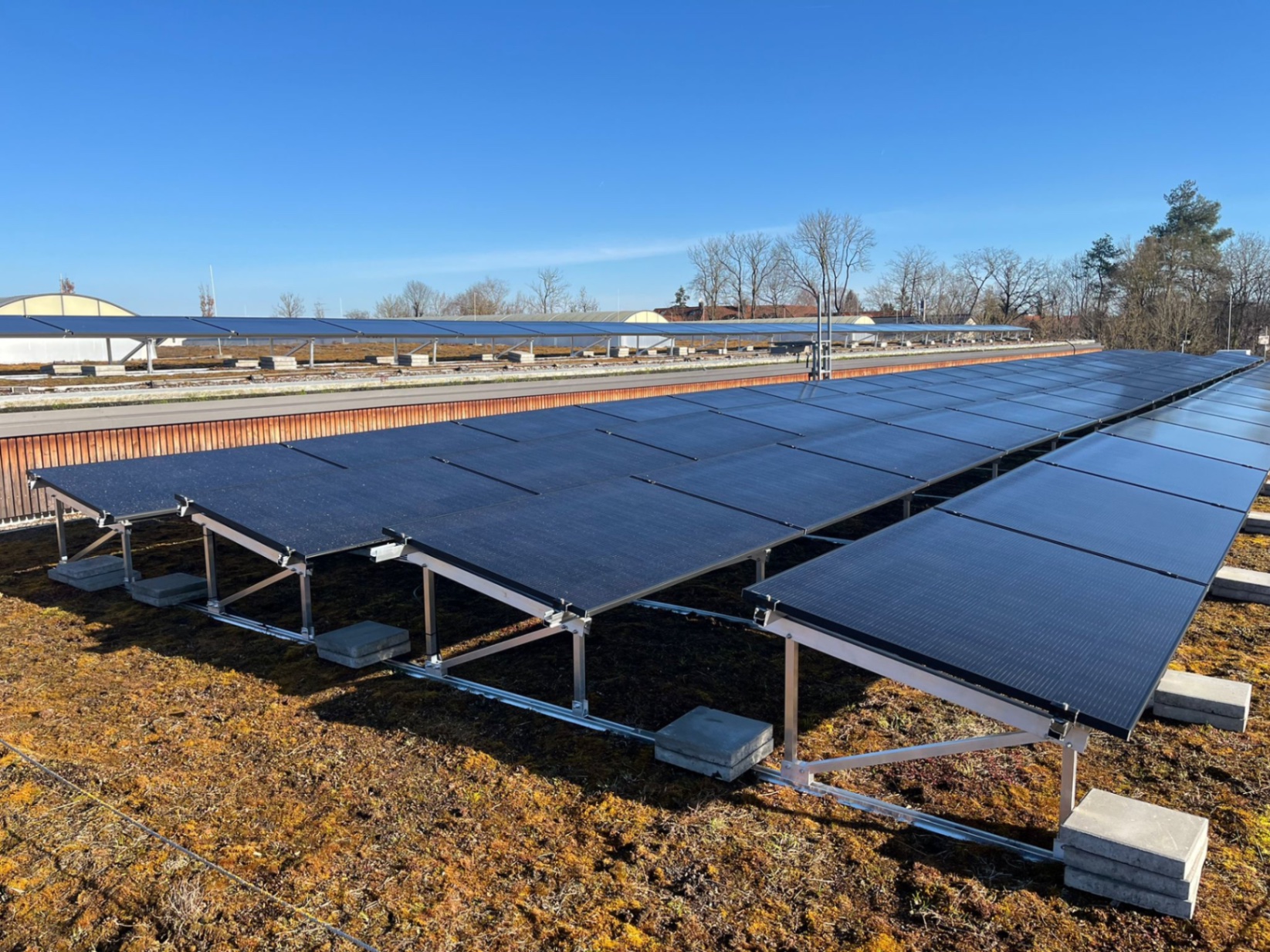 Aufgeständerte PV-Anlage auf Flachdach mit Holzumrandung